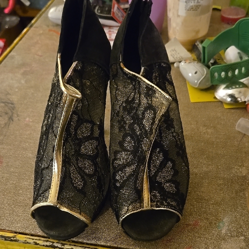 Elegant Black and Gold Lace Heeled Boots